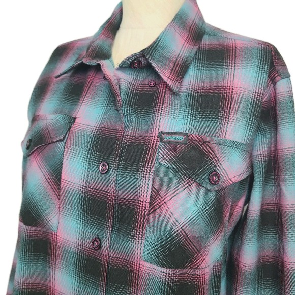 Dixxon Flannel Company Form And Function Plaid Button Up Shirt Black Pink Teal L - Picture 2 of 8